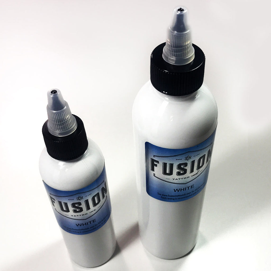 Fusion Ink Tattoo Ink White in 4 ounce and 2 ounce bottles